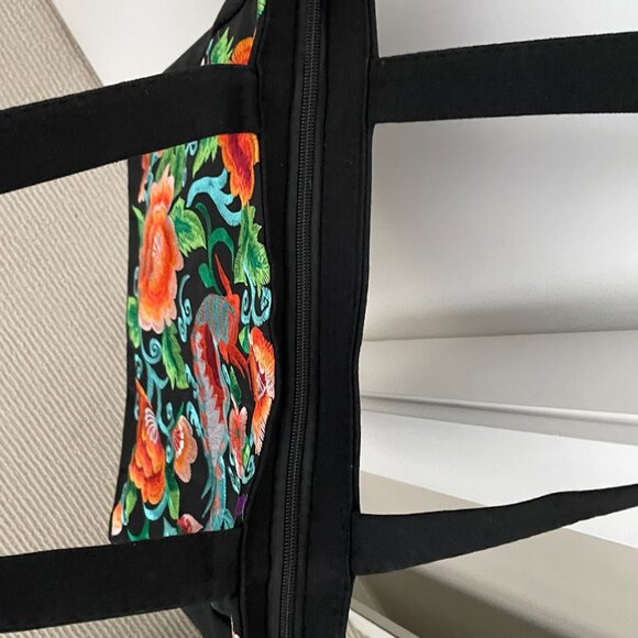 NWOT Embroidered Birds Flowers Canvas Shoulder Tote Bag Orange - Picture 5 of 5